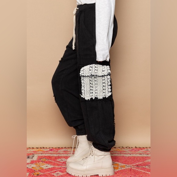 187B. Tie Waist Band Cargo Denim Jogger - Black - Picture 3 of 3